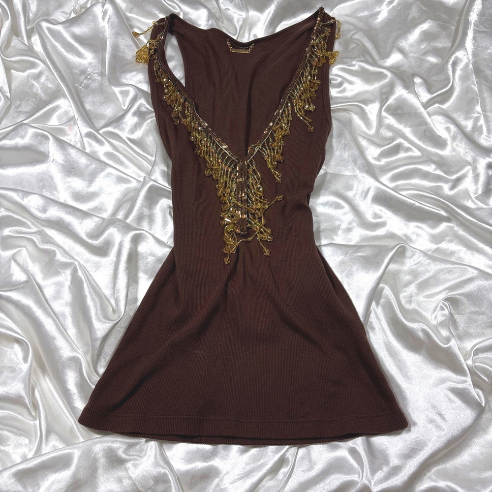 y2k Tank Top Brown Excellent ABS Allen Schwartz Beaded Fringe Ribbed Cotton L